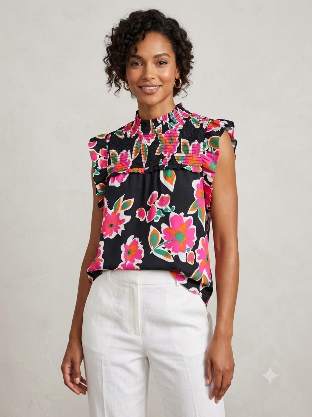 THML Black Floral Smocked Yoke Sleeveless Top - Pink & Green